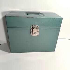 Vintage Metal File Box Hammered Stanley Green 12.5” x 4.5” x 8.5” Latch Handle
